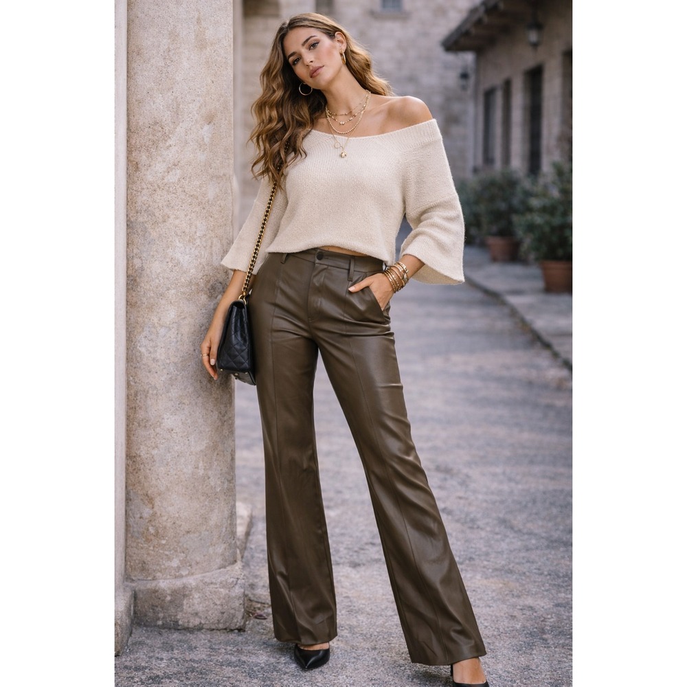 Zara Faux Leather Pants Khaki‎ Brown High Rise Straight Leg Women L